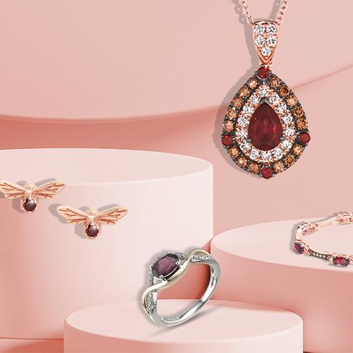 Garnet pendant, earrings bracelet and ring